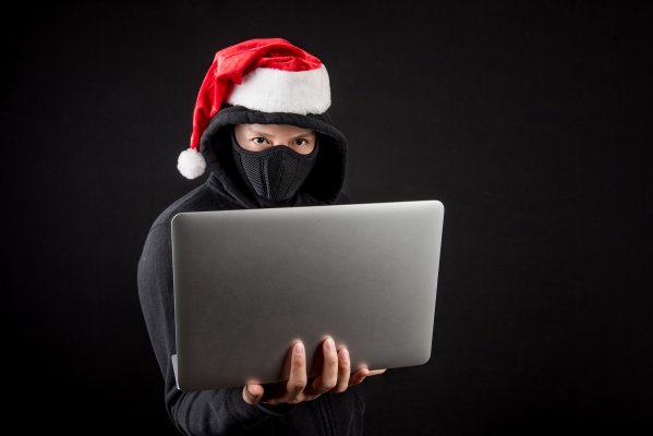 burglar holding laptop christmas hat